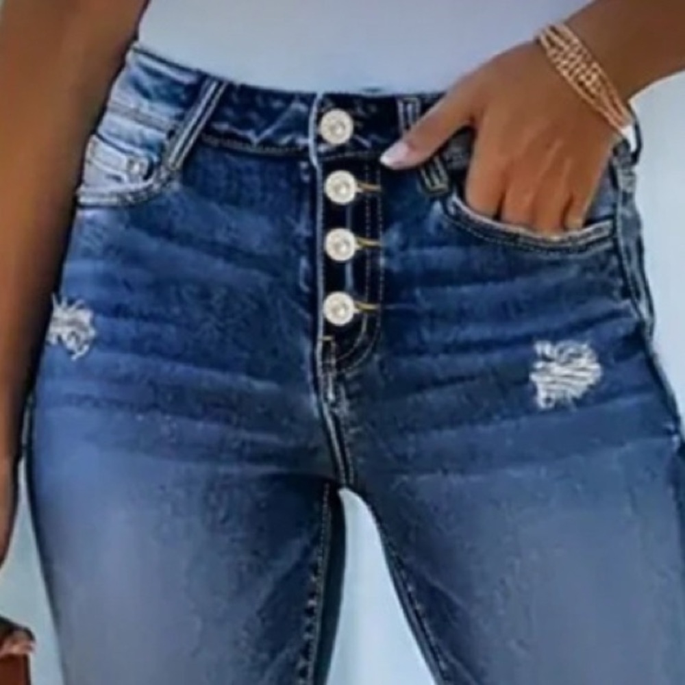 Brand New Blue High-Waisted Stretch Button Fly Crop Distressed Women’s Jeans - Picture 4 of 4
